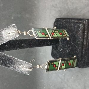 Geometric Green and Red Earrings